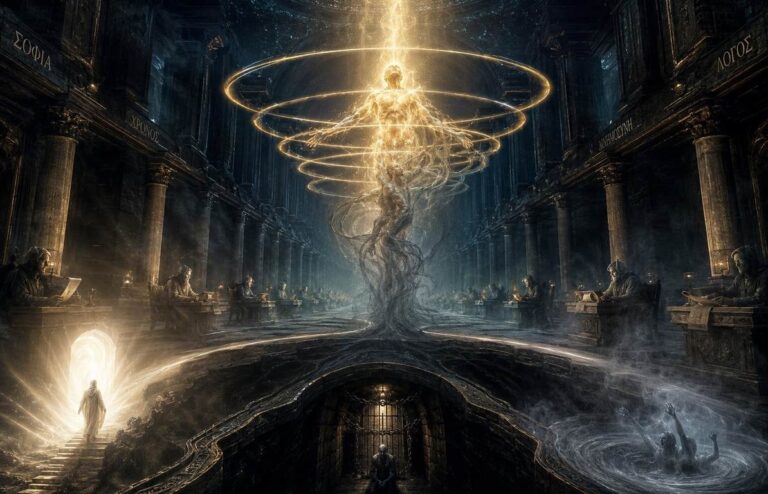 A luminous soul caught between divine ascent and archontic recycling, surrounded by five protective seals, three diverging afterlife paths, and shadowy bureaucratic entities in a cosmic administrative corridor
