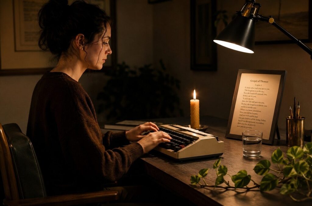 A person working at a minimalist desk with a single candle and ancient text, representing right livelihood and inner freedom.