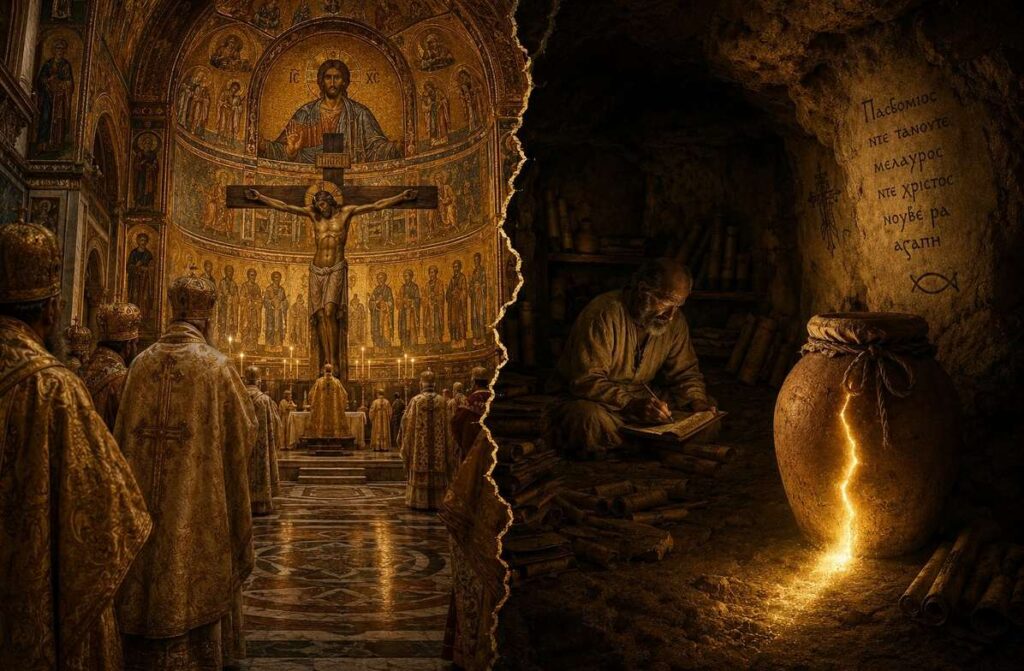 Split composition showing ornate basilica versus dim Coptic cave library with sealed jar