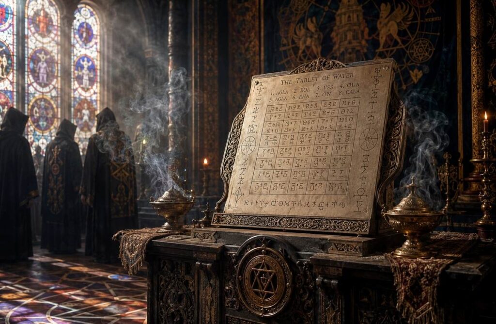 Victorian ceremonial temple interior with Enochian Water Tablet on altar and robed figures.