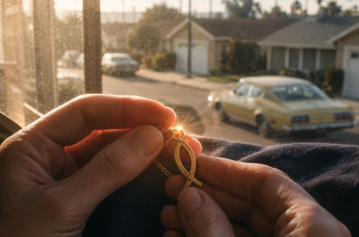 Close-up of hands holding a golden ichthys pendant catching sunlight