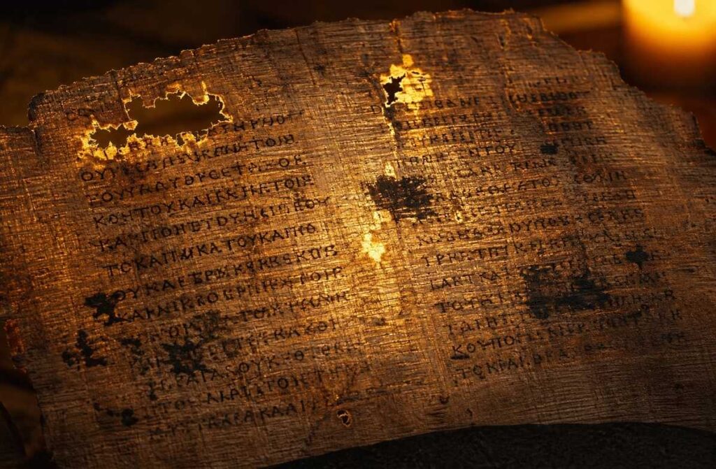 Ancient Coptic papyrus fragment with missing torn edges, golden light emanating from the gaps where text has been removed