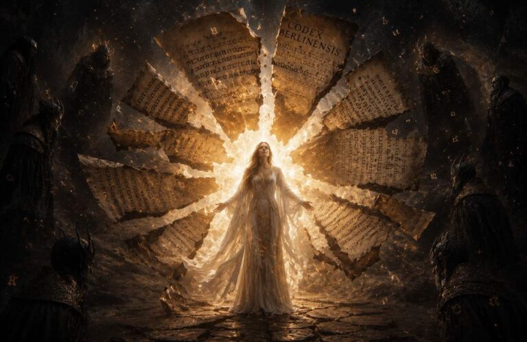 Mary Magdalene at centre of shattered ancient codex, golden light pouring through missing pages, seven shadowy archonic judges retreating into darkness
