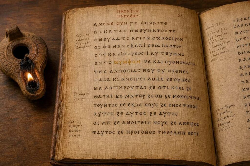 Open Coptic codex from Nag Hammadi II showing Gospel of Philip text with nymphon highlighted