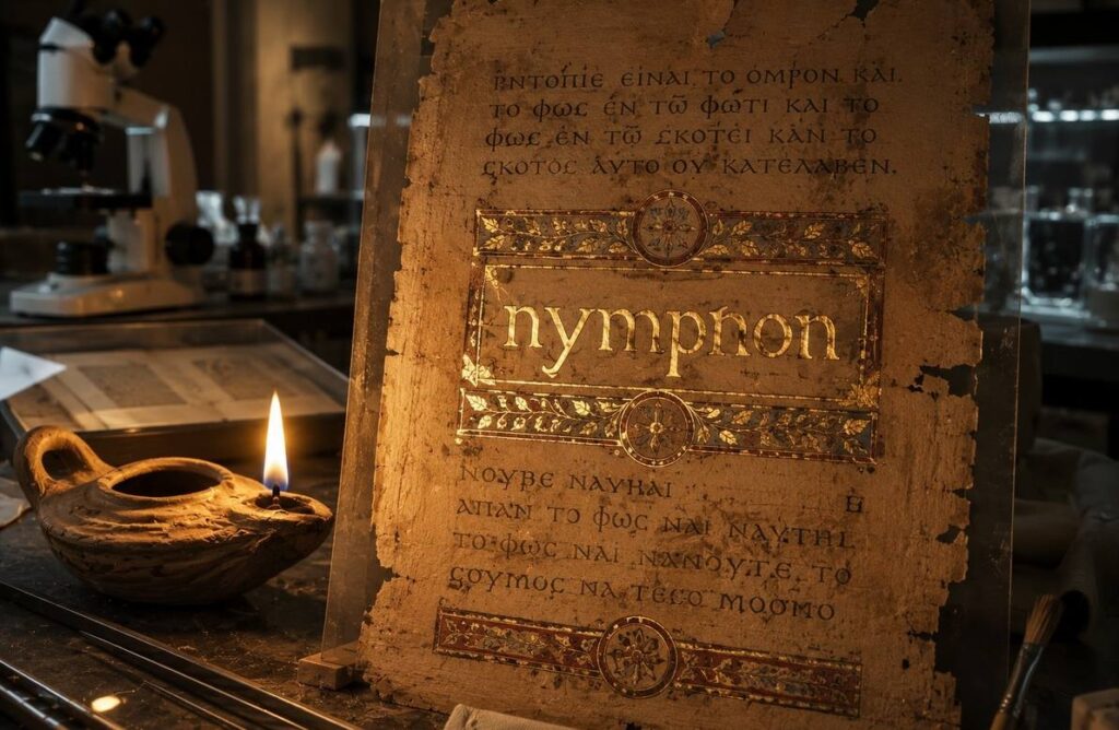 Ancient Coptic manuscript page showing the word nymphon illuminated in gold leaf with papyrus texture.