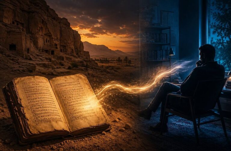 Split composition of ancient Coptic codex and modern reader connected by golden light, with Nag Hammadi cliffs at twilight.