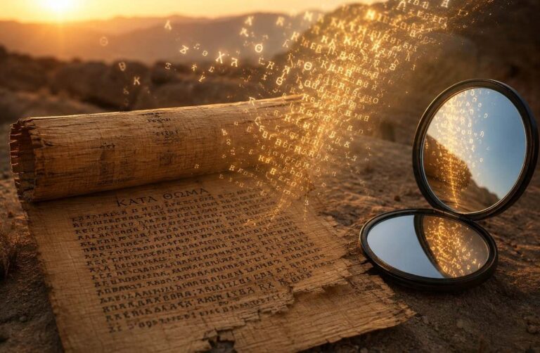 Ancient Coptic manuscript of the Gospel of Thomas with ethereal light and twin mirror symbolism