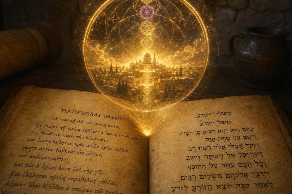 Ancient manuscript page with holographic projection of luminous Kingdom of Heaven sphere