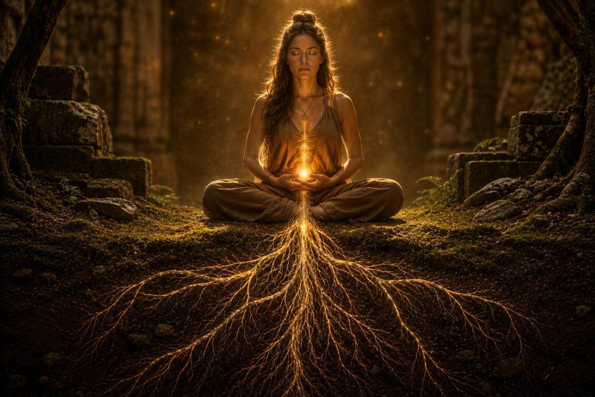 Person in grounded meditation with roots extending into earth, symbolising physiological safety and nervous system regulation