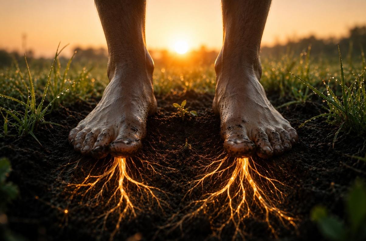 Bare feet planted on dark rich soil with visible roots growing into the earth, warm sunrise light