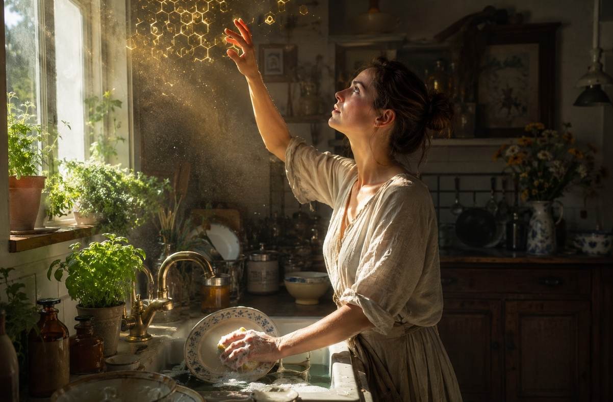 Person washing dishes in a sunlit kitchen with one hand, the other hand reaching toward a subtle geometric light pattern above