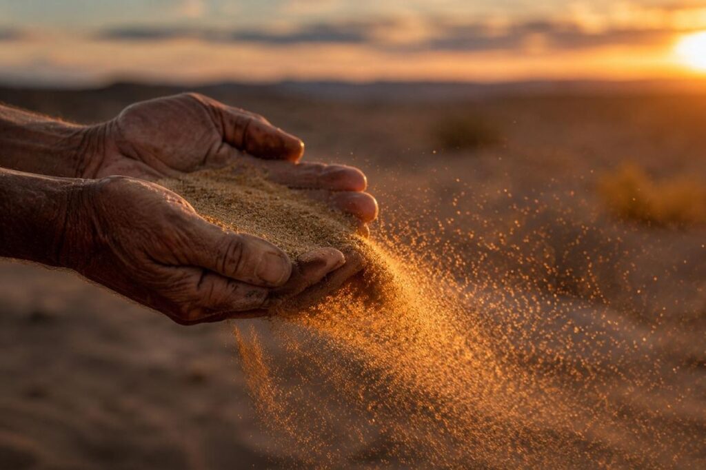 Weathered hands releasing golden sand into wind at sunset, representing surrender and dissolution of grasping