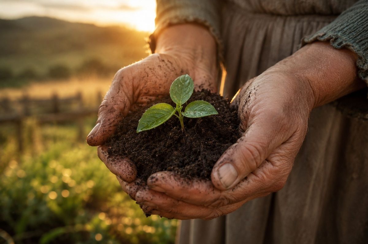 Hands cupping dark soil with a green seedling emerging golden dawn light