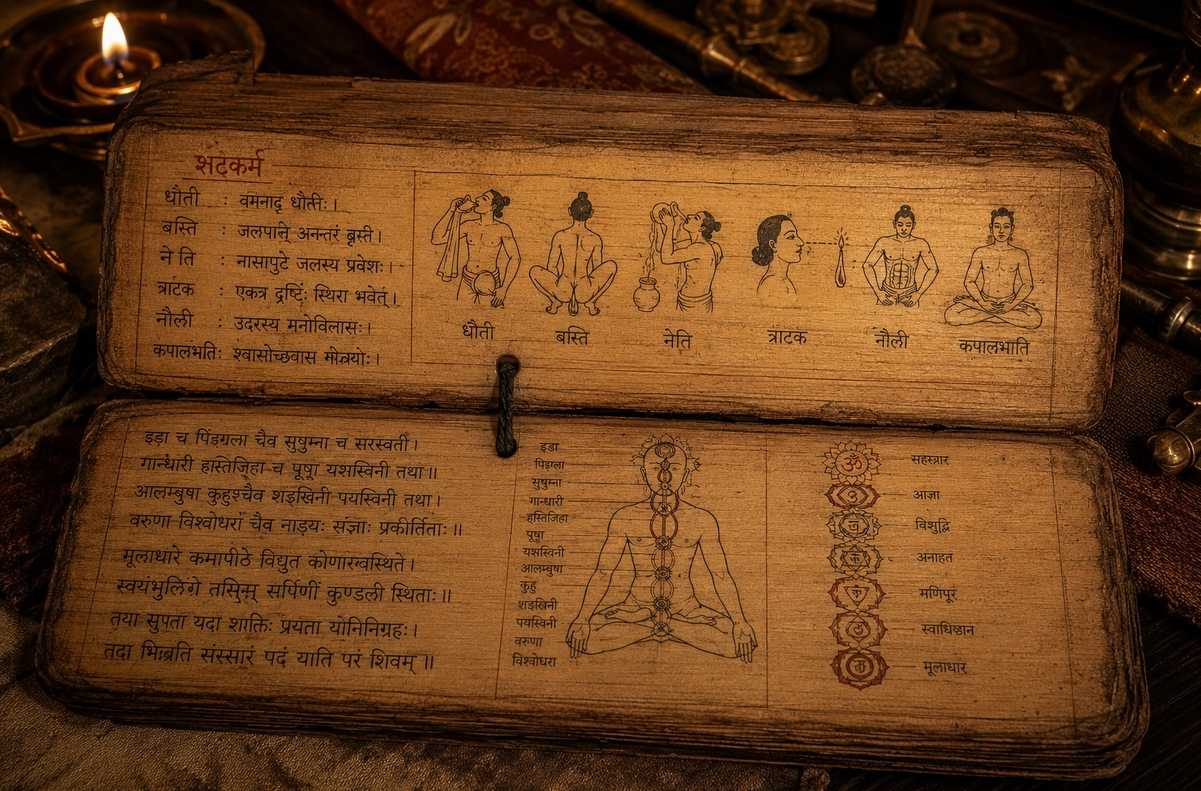 An ancient Indian manuscript page illuminated by candlelight showing the six shatkarma purification practices with intricate diagrams of nadis and chakras