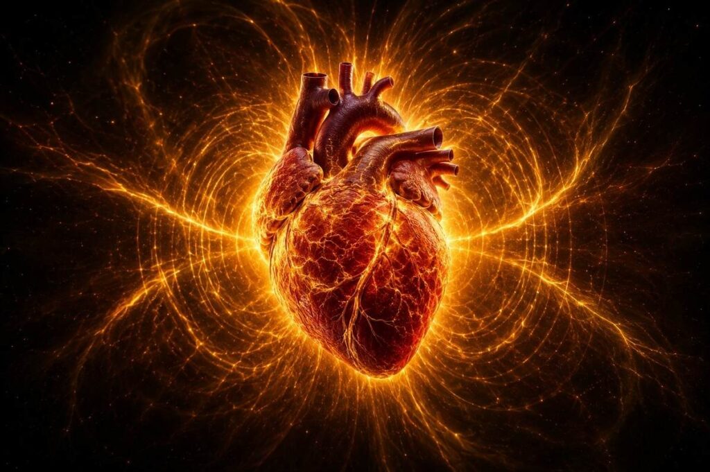 Human heart radiating golden electromagnetic field with solar corona and energy rays extending outward