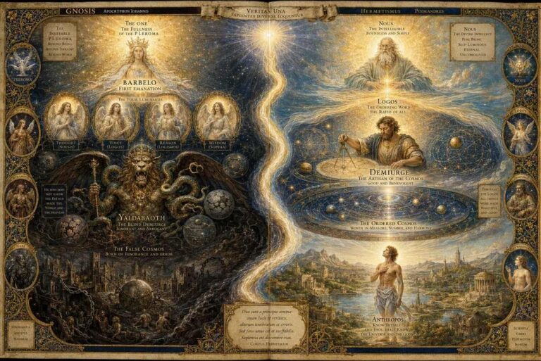 Split composition showing Gnostic and Hermetic cosmic diagrams with converging light at top and diverging material worlds below