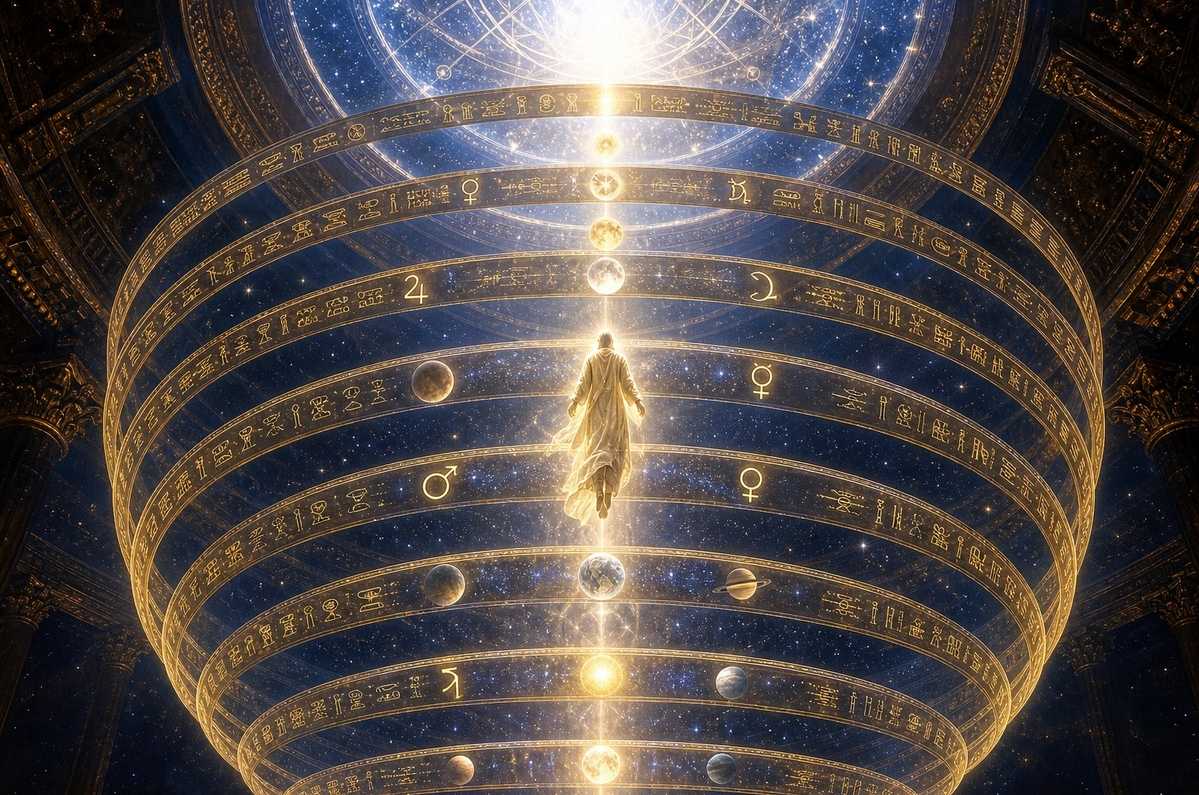 Luminous figure ascending through seven planetary spheres toward the eighth realm of stars and ninth realm of pure light