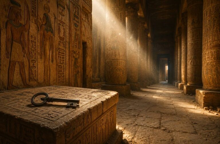 Ancient Egyptian temple corridor with hieroglyphic walls and a bronze key on an altar, representing the threshold between material and divine knowledge