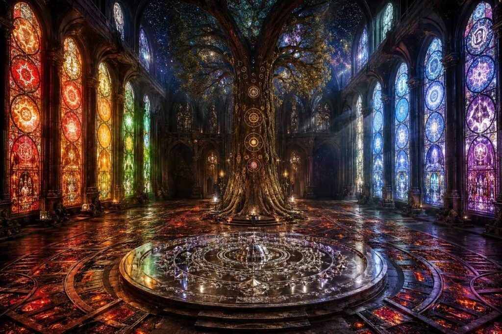 Composite showing Tree of Life, Sri Yantra, alchemical athanor, and shamanic world tree as architectural blueprints