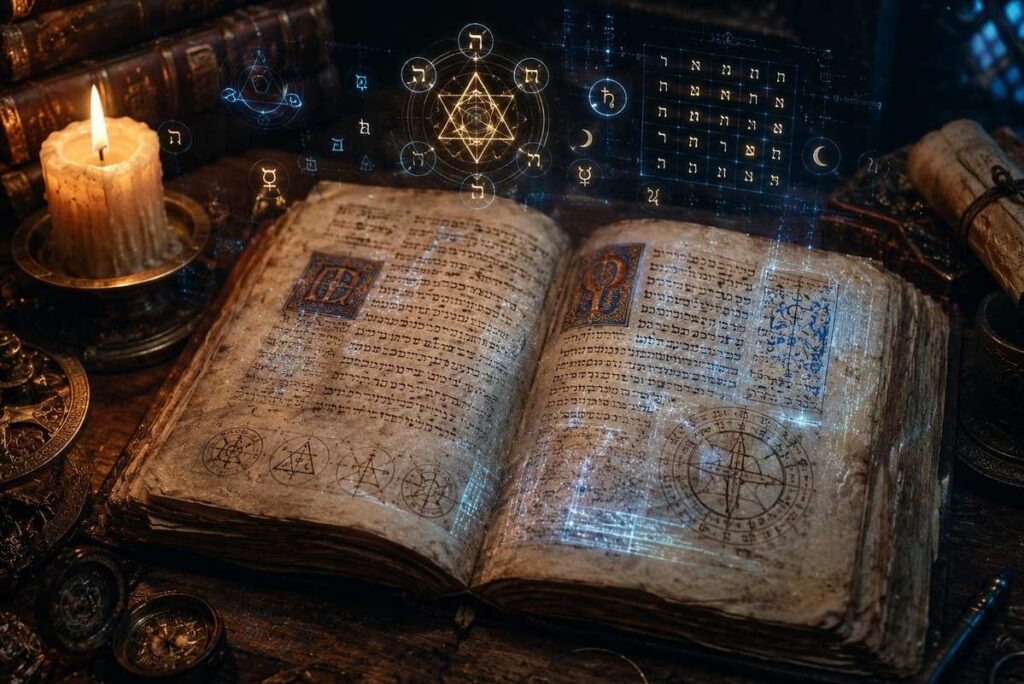 Ancient illuminated manuscript with floating holographic alchemical and Kabbalistic symbols