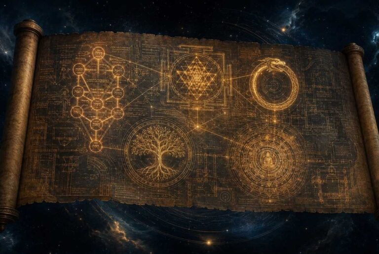 Architectural blueprint overlaid with Kabbalistic Tree of Life, Sri Yantra, alchemical ouroboros, shamanic world tree, and Buddhist mandala connected by golden lines