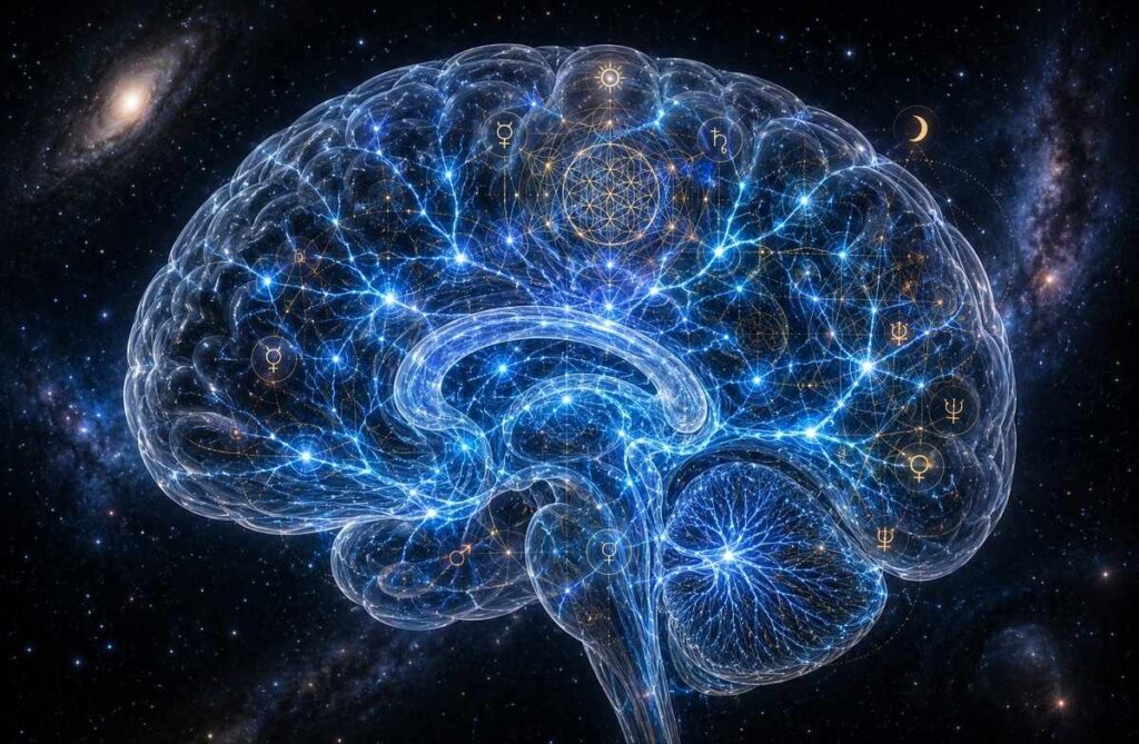 Human brain neural pathways illuminated and overlaid with sacred geometric patterns