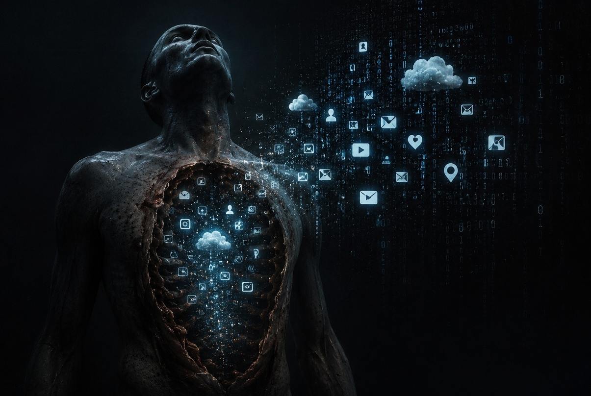 Human silhouette with chest cavity open showing hollow interior with floating digital icons and data streams