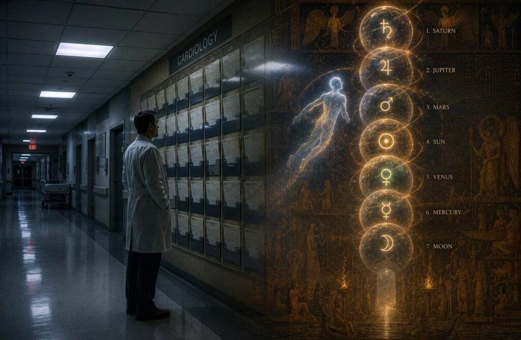 A hospital corridor with a translucent overlay of ancient Coptic ascent imagery showing seven planetary spheres.