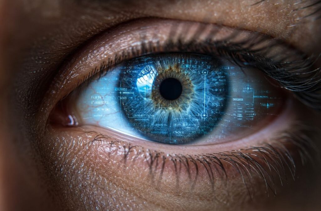 An extreme close-up of a human eye with a digital overlay of data streams, targeting reticles, and faint algorithmic grid lines reflected in the iris.