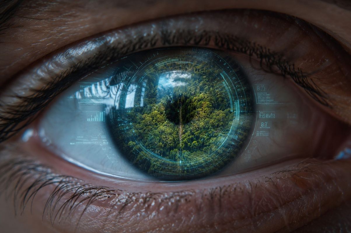 Close-up of human eye with digital interface overlay reflecting a pristine forest in the pupil