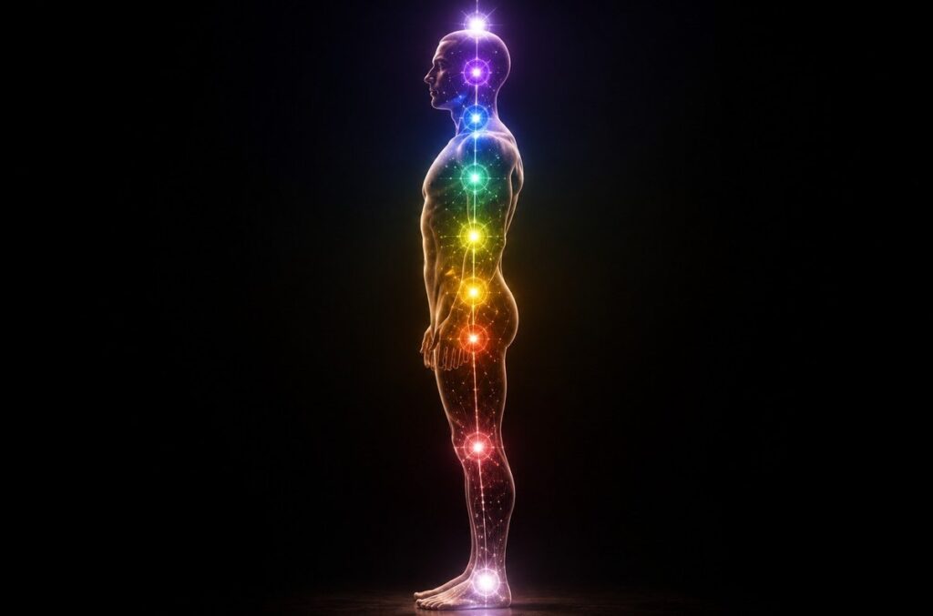 Human figure with glowing points of light along the body representing sefirot correspondences from crown to feet