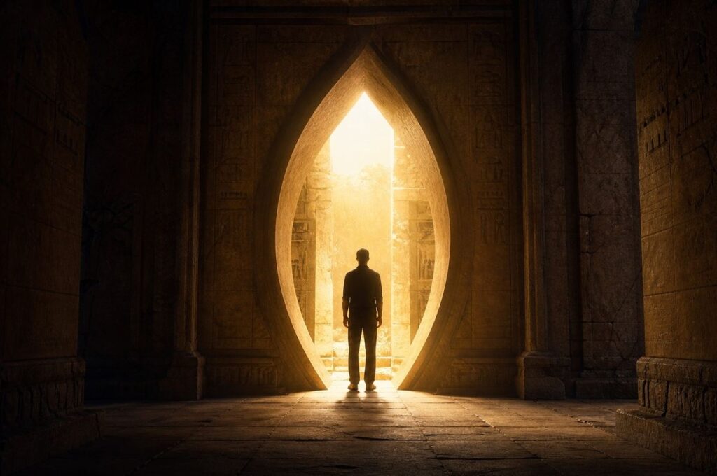 Silhouette of human figure standing in ancient stone doorway, backlit by golden light beyond