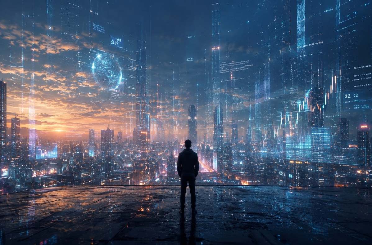 Solitary figure standing at edge of vast digital cityscape made of glowing data streams