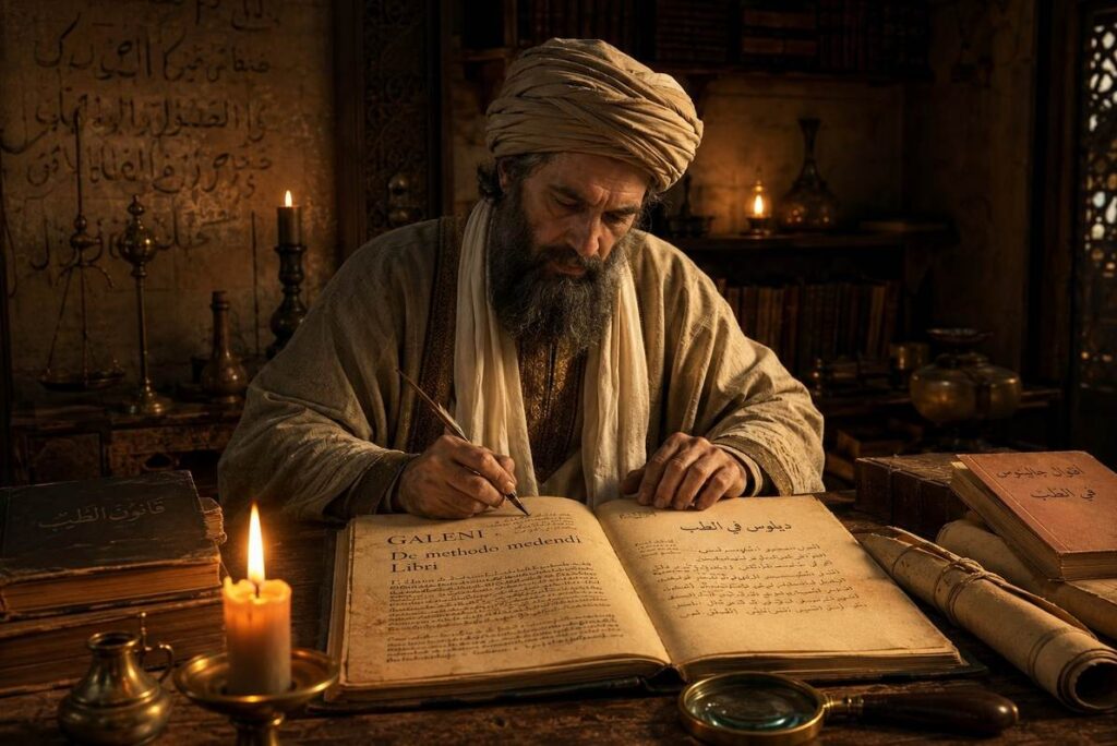 Hunayn ibn Ishaq translating a Greek medical manuscript into Arabic in the House of Wisdom