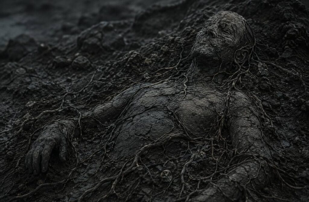 Figure of dark stone and clay half-buried in earth with vines growing over the body