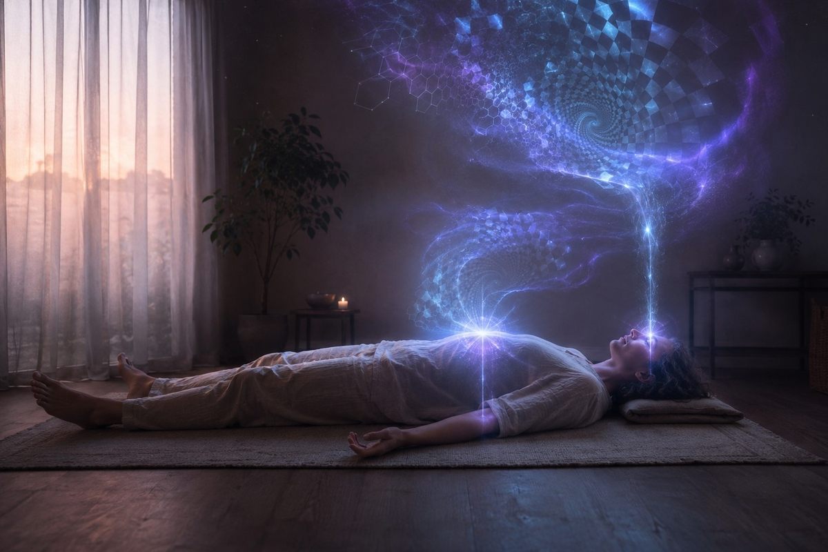 Person lying in savasana corpse pose with subtle phosphene patterns and soft bioluminescent glow representing hypnagogic awareness