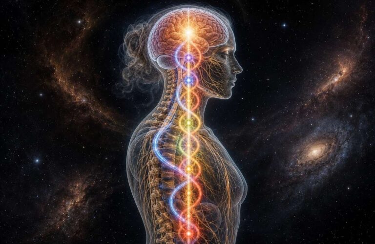 Sagittal view of spine with three energy channels as triple helix