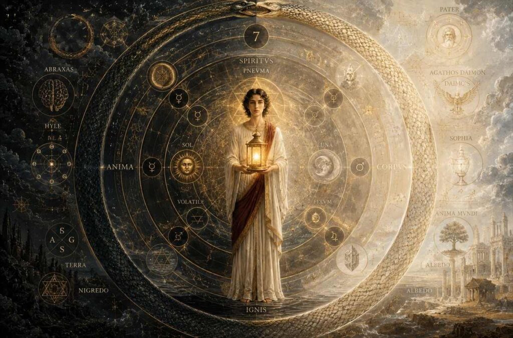 A figure at the centre of a mandala of alchemical and Gnostic symbols
