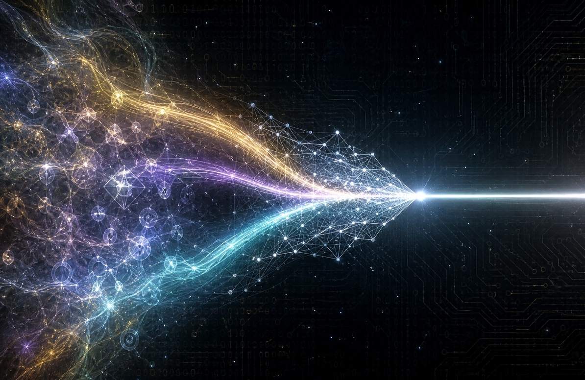Abstract visualization of neural network superposition with multiple potential outputs collapsing into a single response beam