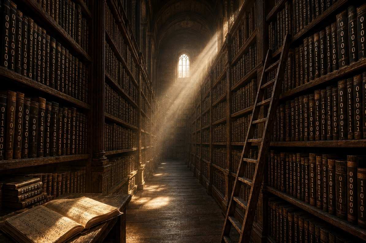 Ancient library with bookshelves stretching into vanishing point displaying binary code on spines