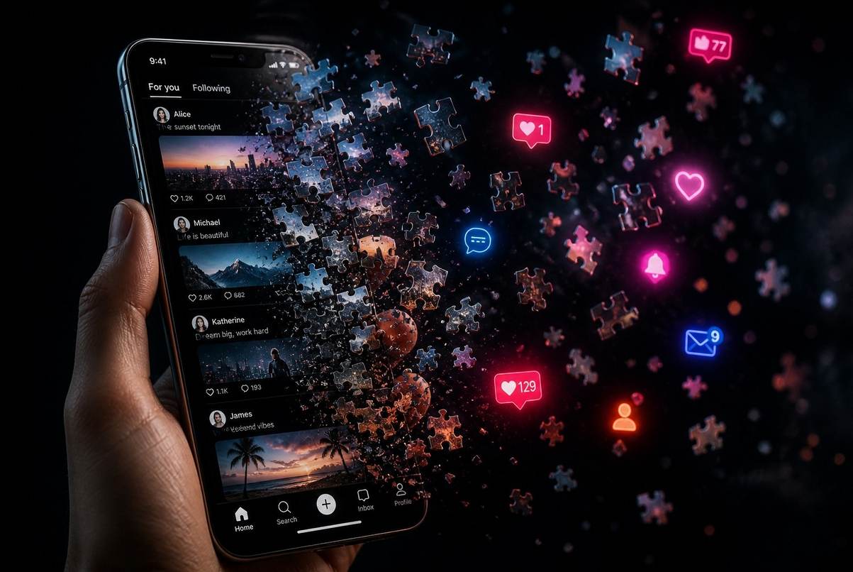 A hand holding a smartphone with an infinite scroll feed dissolving into broken puzzle pieces, representing the fragmentation of continuous attention