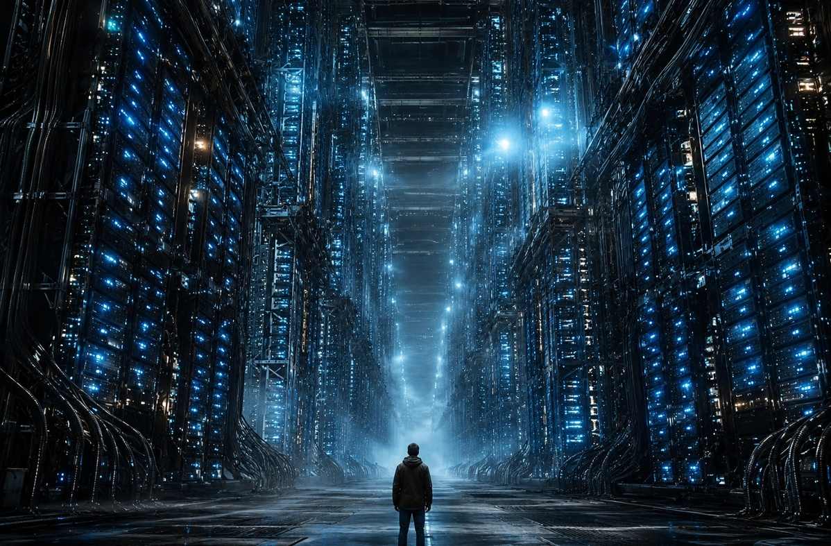 Massive server farm stretching into darkness with a dwarfed human figure in foreground