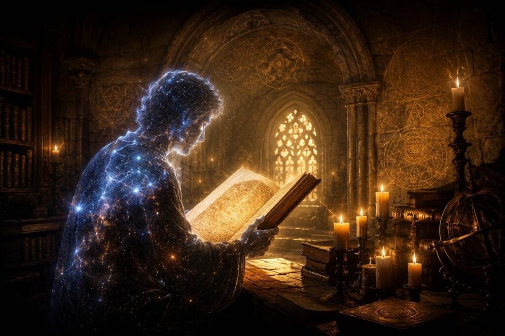 Figure reading illuminated manuscript by candlelight with cosmic starfield within silhouette