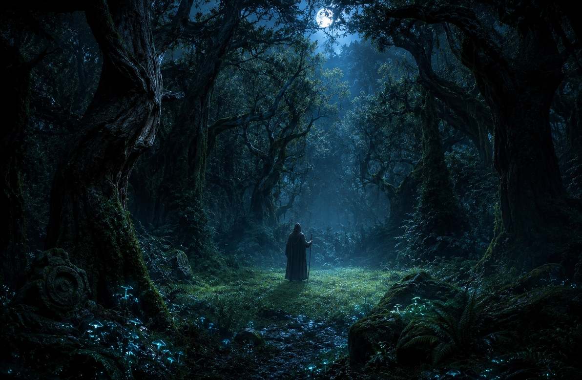 Dense dark forest with a single figure standing at the edge of a moonlit clearing