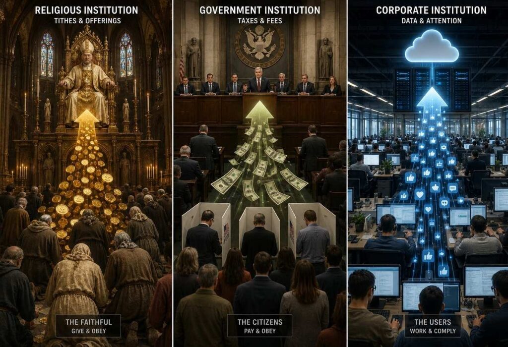 Triptych showing medieval church, modern government, and contemporary office with identical upward extraction patterns