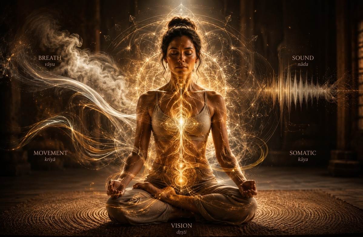 Person in meditation posture with surrounding elements representing breath, sound, and movement