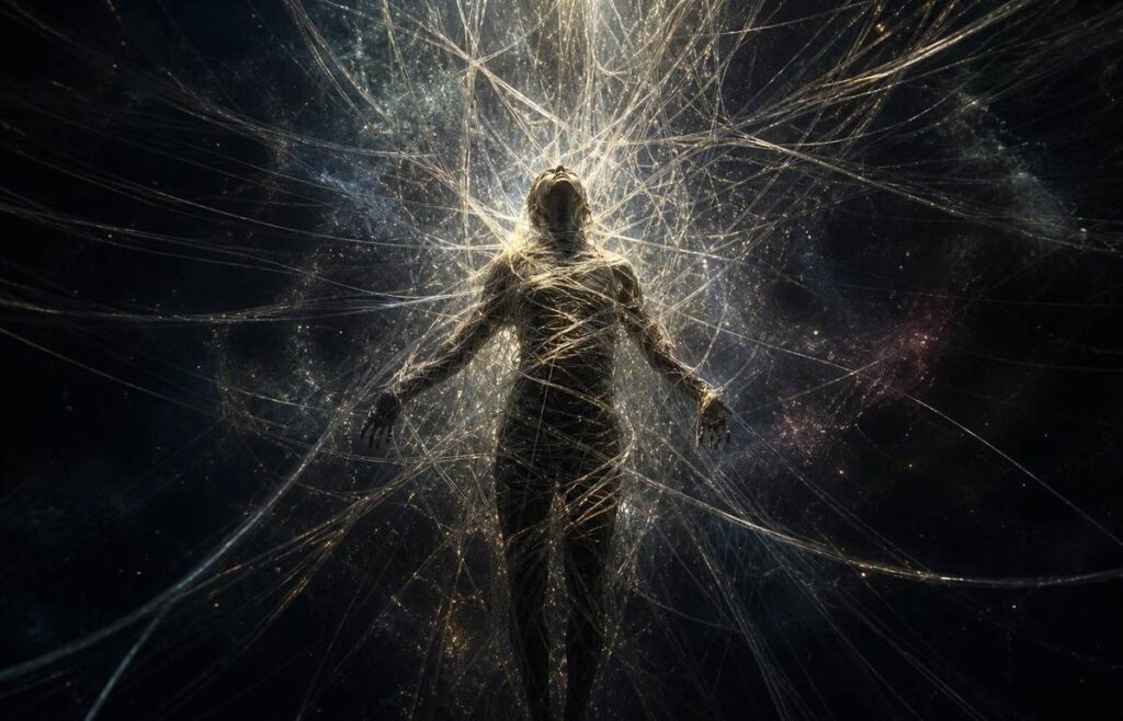 A human silhouette entangled in translucent glowing threads of light against a deep cosmic void, representing invisible binding agreements.