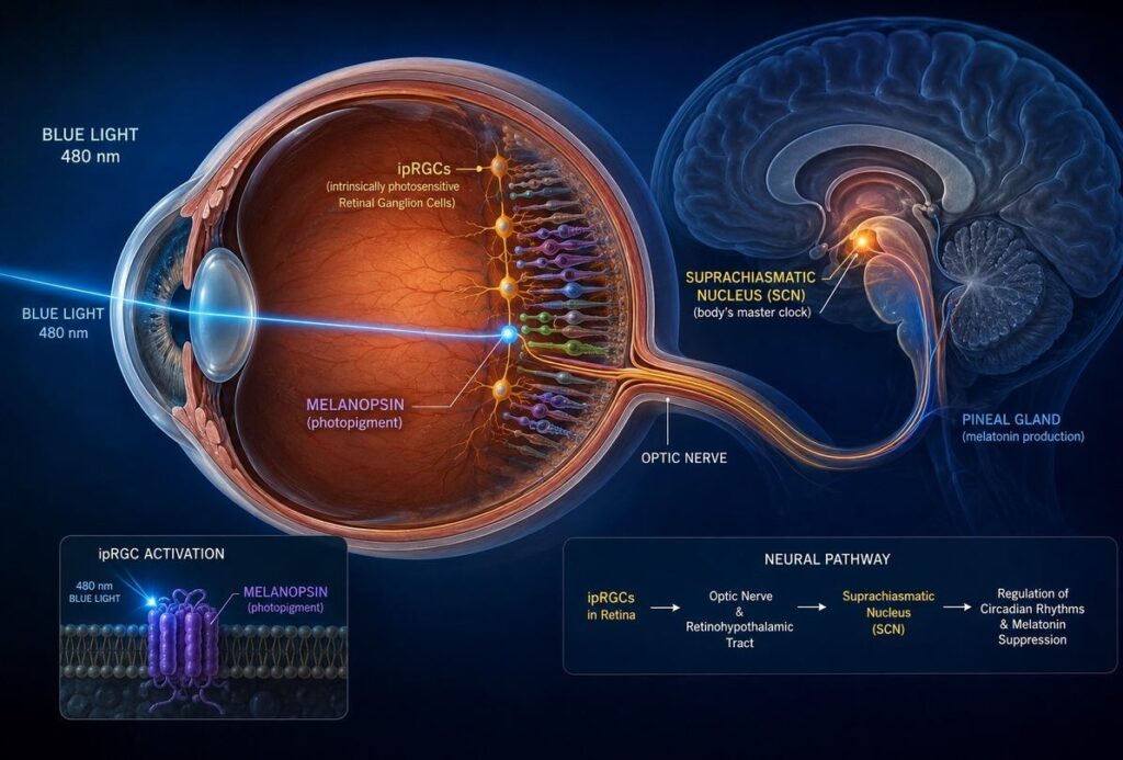 Scientific eye cross-section showing blue light activating ipRGCs connected to brain