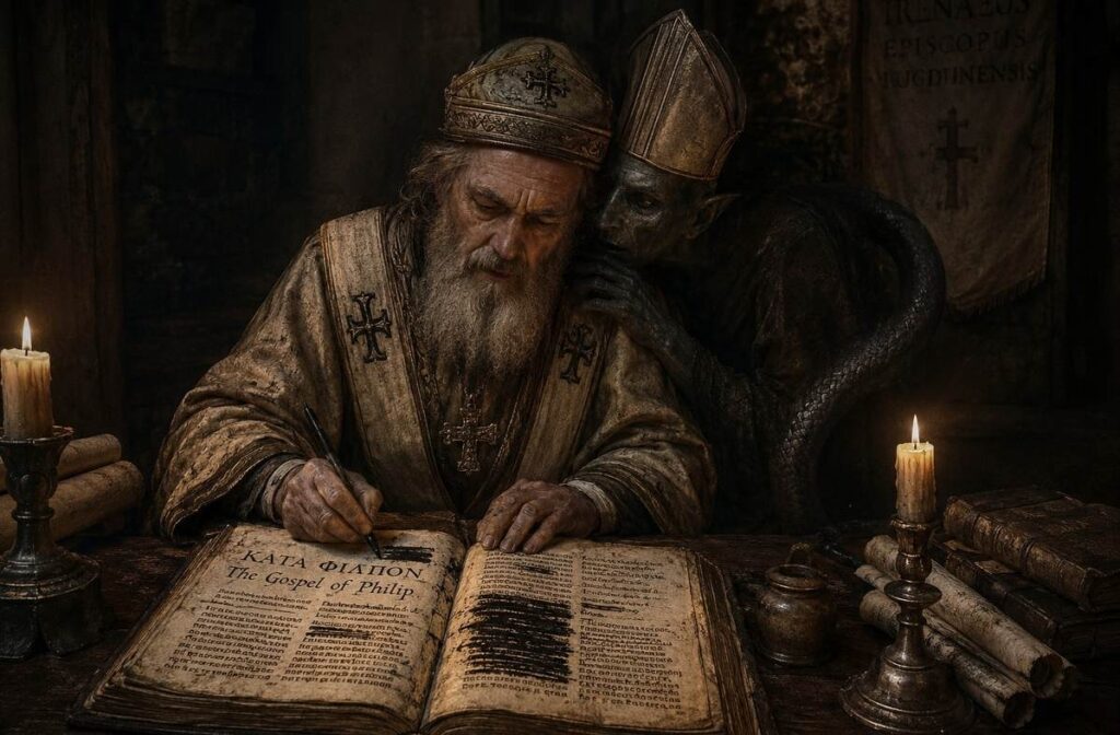Bishop Irenaeus writing by candlelight with shadowy serpent-bishop figure whispering at his ear
