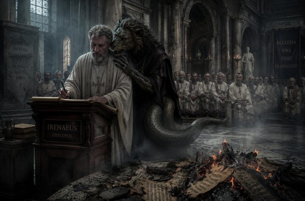 Bishop Irenaeus writing in basilica with shadowy Yaldabaoth whispering at his ear